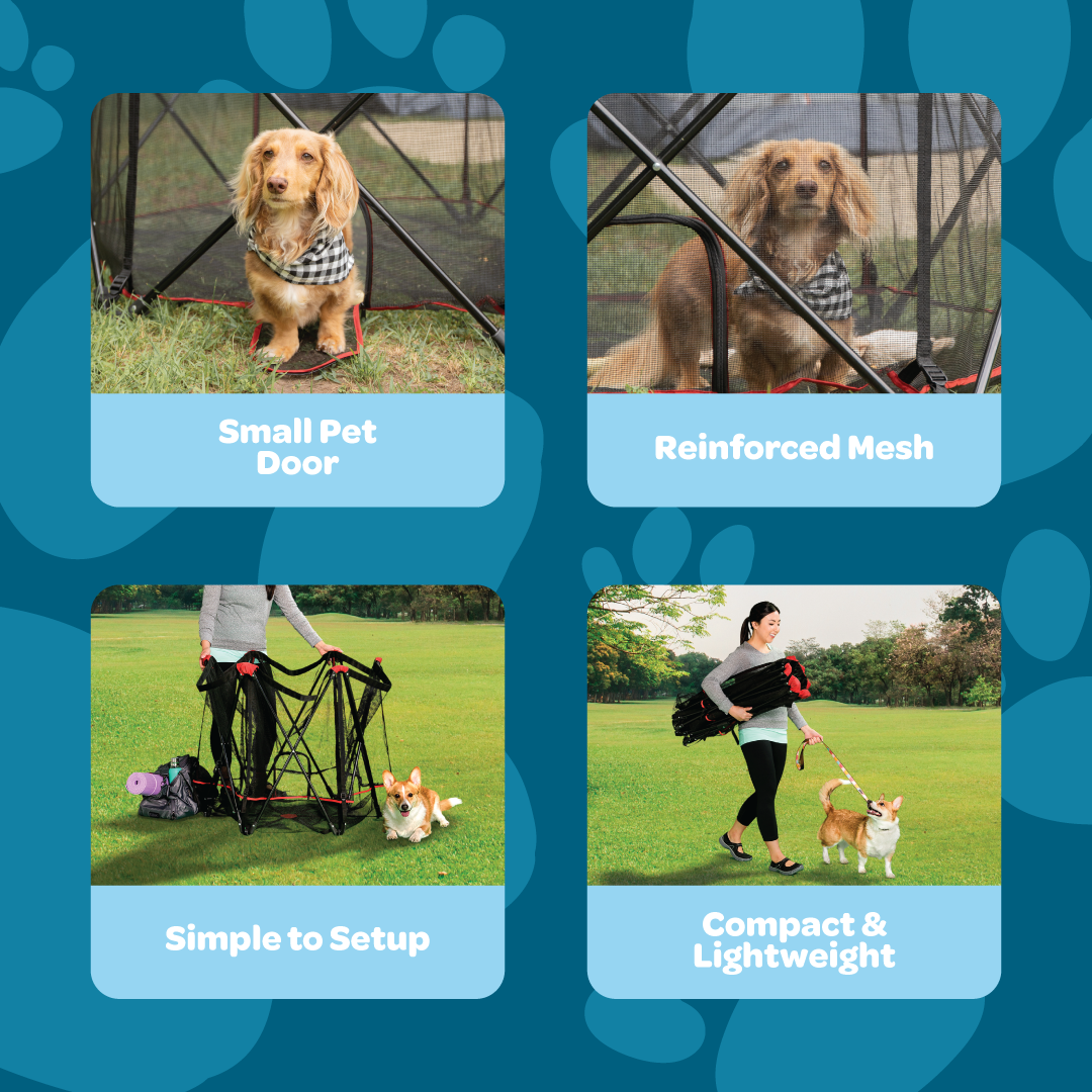 The Carlson Red Portable Pet Pen is a lightweight, foldable pet containment solution, featuring a sturdy all-metal frame and reinforced mesh walls. Measuring 48” x 26”, it includes a zippered pet door, is water-resistant for indoor and outdoor use, and sets up and folds down in seconds for convenience.