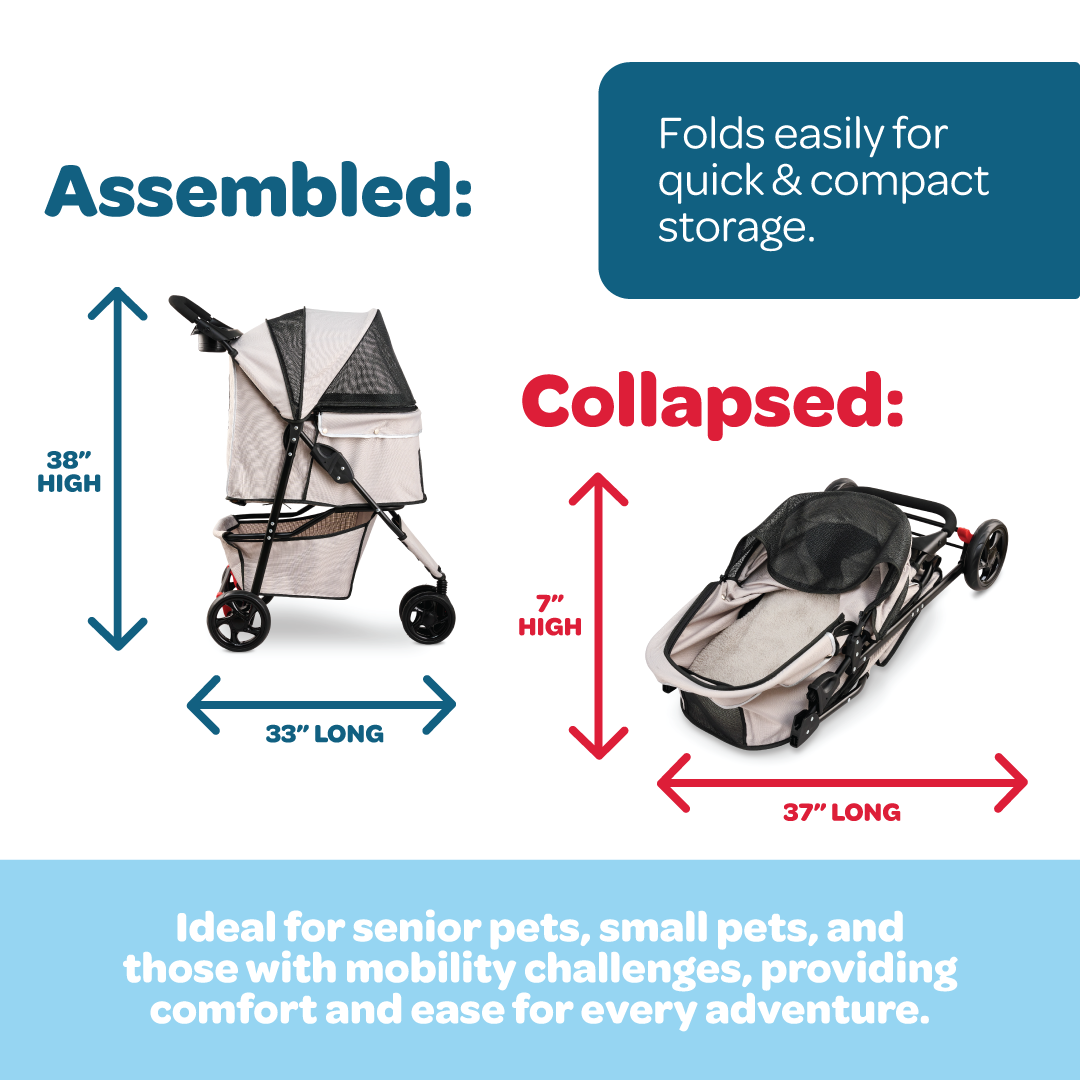 The Carlson Portable Pup Pet Stroller is a lightweight, foldable stroller with a mesh canopy, safety leash, and 360-degree wheels for easy outdoor walks.