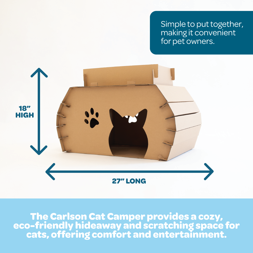 The Carlson Cat Camper and Scratcher is a compact, eco-friendly playhouse made from durable cardboard. Featuring a cat door, three paw-shaped windows, and a removable scratcher, it provides a cozy, entertaining space for small animals like cats and rabbits. Easy to assemble and lightweight for easy transport.
