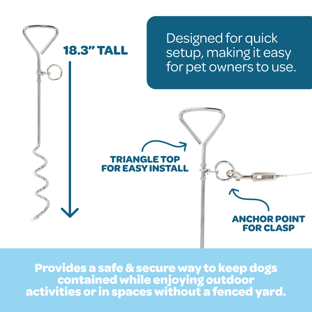 Carlson Triangle Screw Stake, a silver pet containment solution standing 18.3 inches tall. It features a triangle top and screw-shaped body designed to securely anchor the stake into the ground. Ideal for use with Carlson Dog Tie-Out Cables, providing safety for pets at home or while traveling.