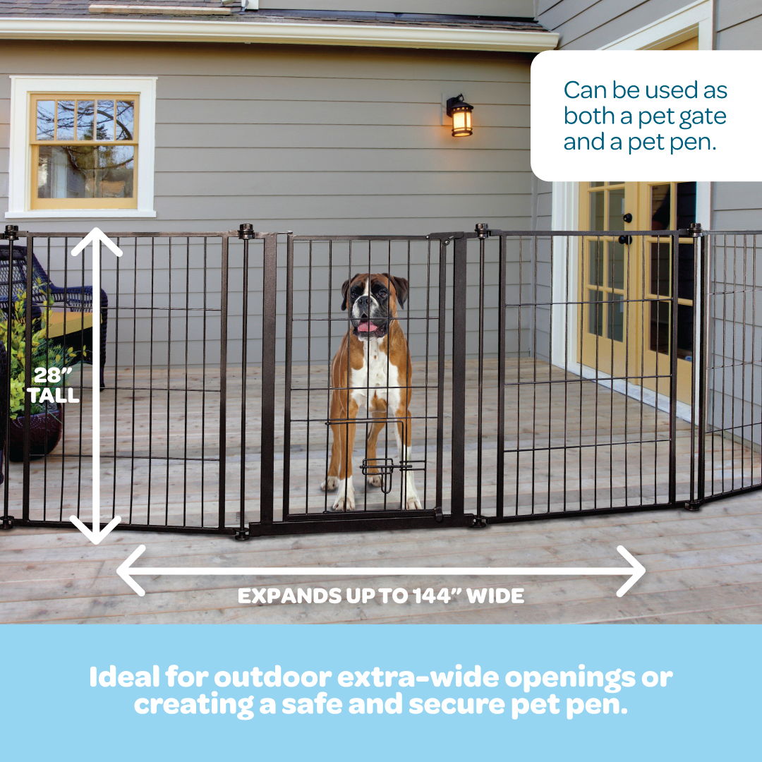 The Carlson Outdoor Super Wide Pet Pen & Gate is a versatile black steel gate with six 32” panels, expanding up to 144” wide. It features a walk-through door with a lever-style handle, a sliding safety lock, and a small pet door. Perfect for keeping pets safe outdoors, it’s weather-resistant and easy to store.