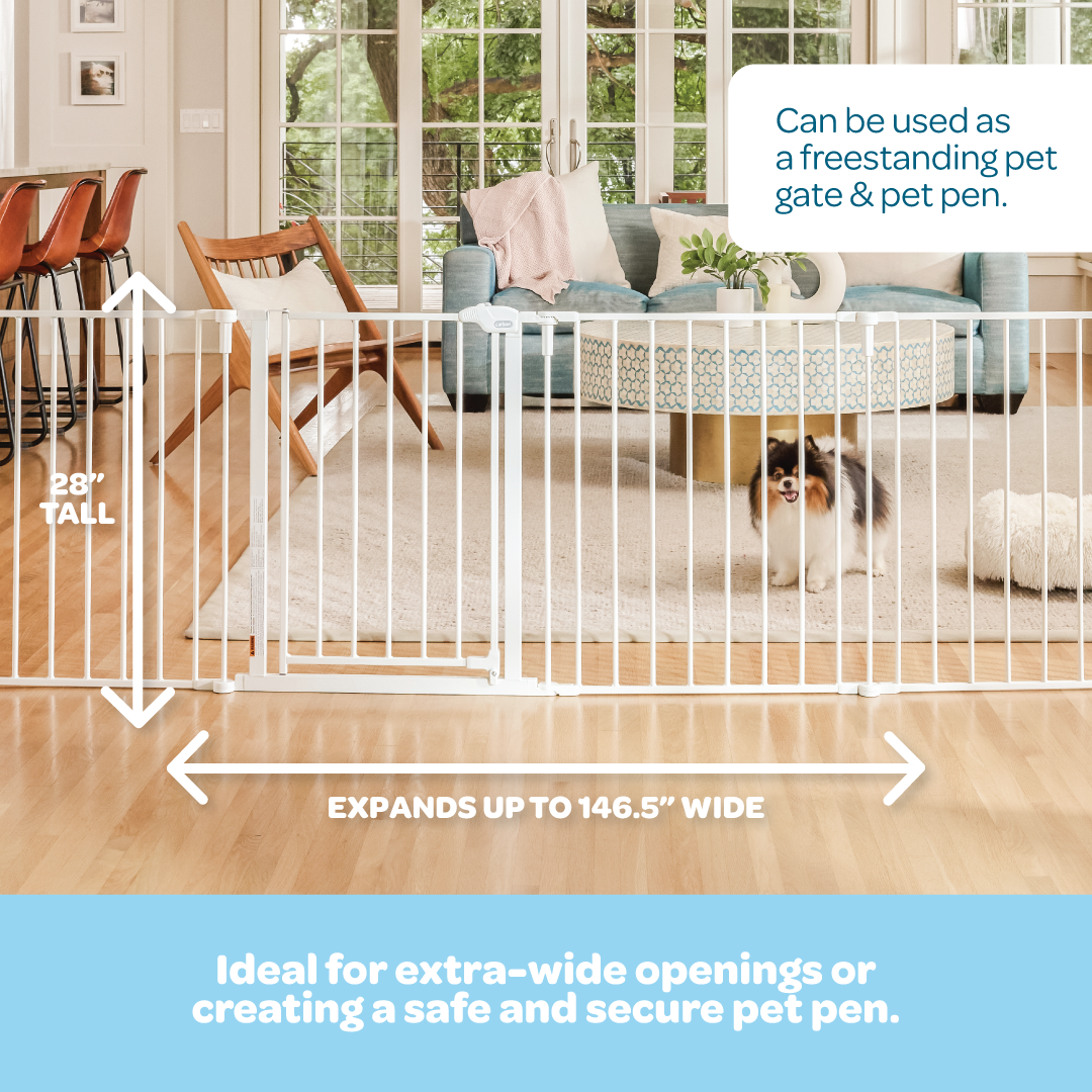 The Carlson Convertible Pet Yard is a versatile, chew-proof pet enclosure with all-steel construction. It features adjustable hinged posts, expanding from 52” to 146.5” wide. Standing 28” tall, it includes a walk-through door with a slide handle, offering a flexible and secure space for pets at home.