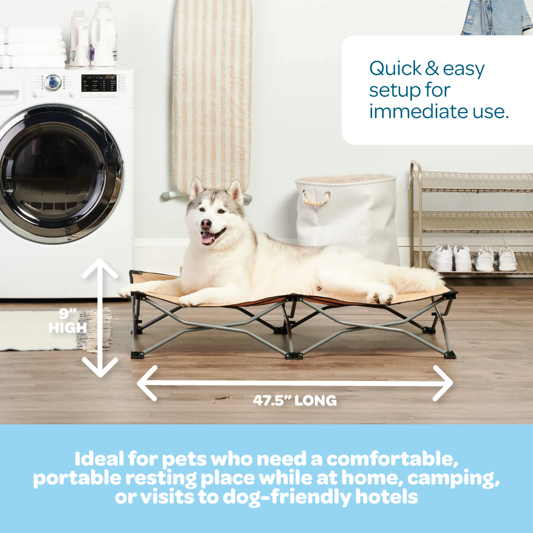 Portable and durable Carlson Large Tan Portable Pup Pet Bed with an all-steel frame and waterproof nylon fabric. Ideal for pets up to 95 pounds, it features easy setup, foldable design for storage, breathable mesh, and a comfortable elevated surface for indoor or outdoor use.