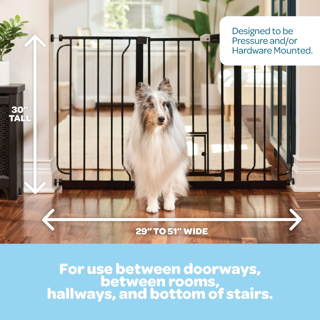 The Carlson 51” Extra Wide Walk-Thru Pet Gate features a sturdy all-steel frame, a 16.5" wide walk-through door, and a patented small pet door. It expands from 29” to 51” wide, stands 30” tall, and includes extensions for wider openings. Ideal for doorways, hallways, and stairs, offering easy installation.