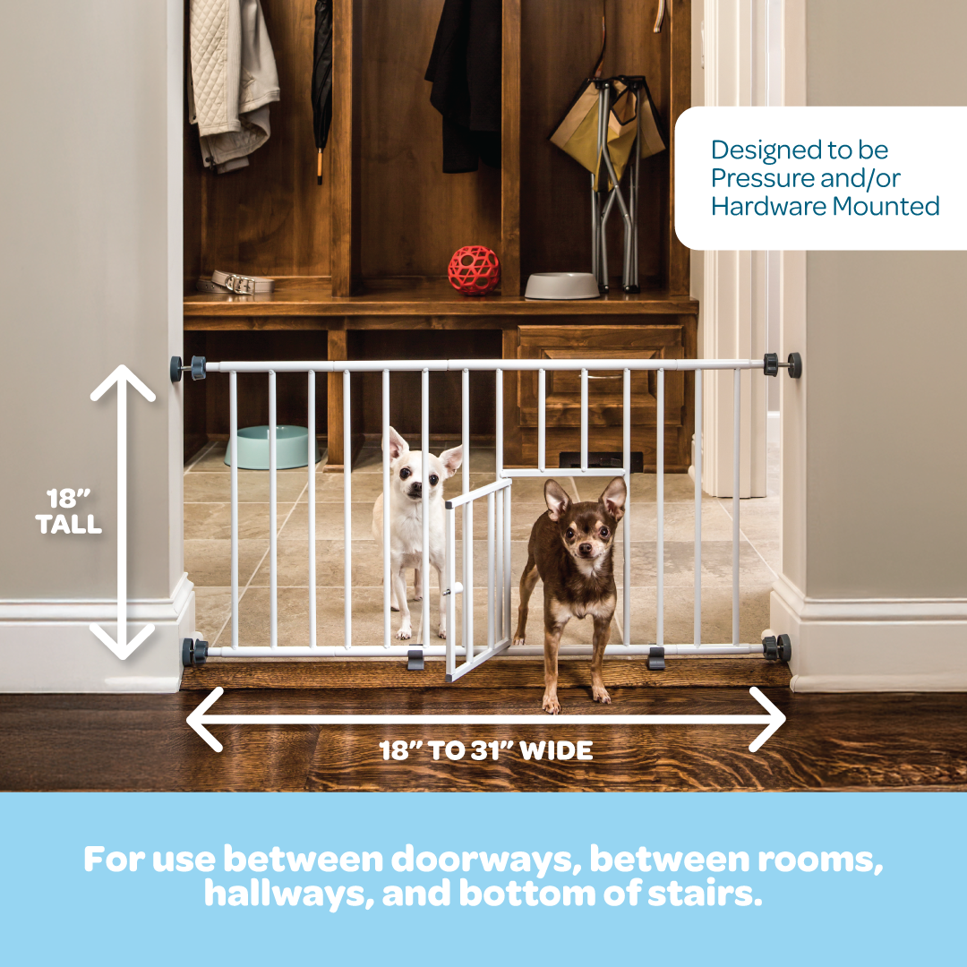 The Carlson Mini Pet Gate is a durable, all-steel gate designed for small pets. It features a patented small pet door, pressure-mount installation, and includes three 4" extensions for wider openings. Its lightweight design allows easy storage, with a stepover feature for convenient access.