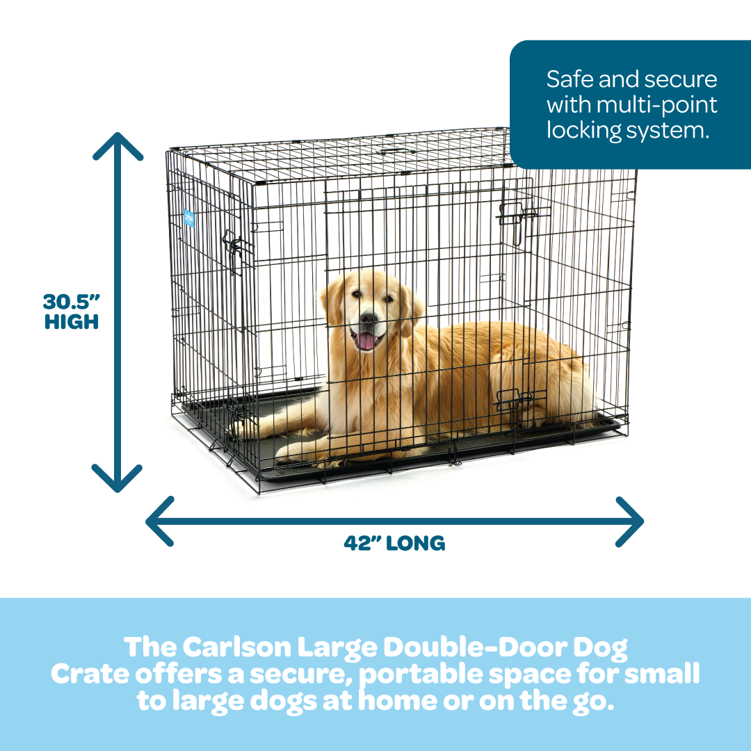 The Carlson Large Double-Door Dog Crate is a durable and portable steel wire crate designed for medium to large dogs. It features two access doors, a multi-point locking system, a removable bottom pan for easy cleaning, and a divider to adjust the space as your puppy grows. Ideal for travel and home use.