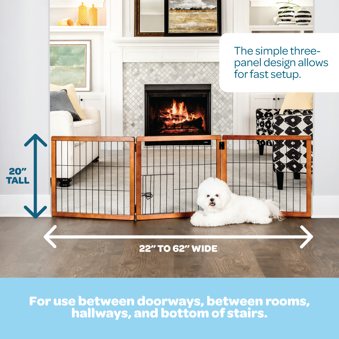 A wooden pet gate with a black metal frame, featuring three panels that fold for easy storage. It stands 20 inches tall, adjusts from 22 to 62 inches wide, and includes a small pet door for dogs to pass through. Ideal for hallways, doorways, or stairs, and requires no permanent installation.