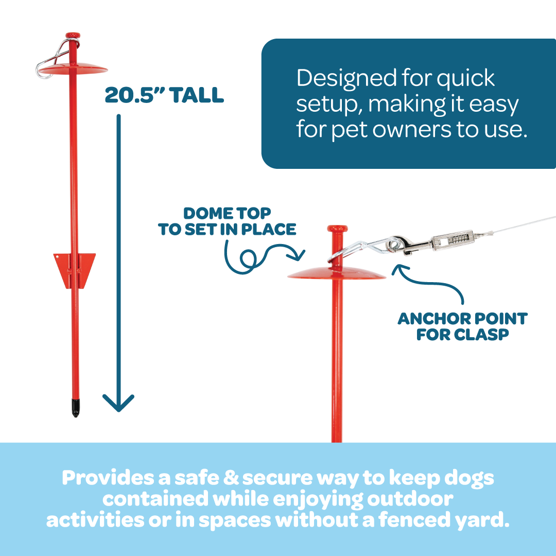 The Carlson Domed Barbed Stake is a secure 20.5-inch tall stake designed for outdoor pet containment. Made of durable steel with a dome top and barbed body, it ensures stability when paired with Carlson Dog Tie-Out Cables. Perfect for yard use or travel, it's lightweight, portable, and easy to install.