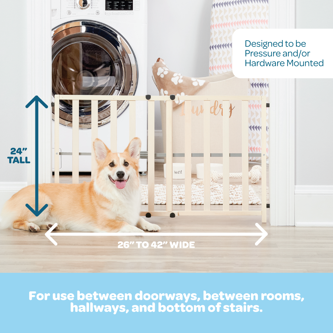 Carlson Wooden Expandable Pet Gate with natural wood finish, designed for small pets. Stands 23” tall and fits openings 28”–42” wide. Features pressure-mount installation with rubber bumpers to protect walls, a step-over design, and a compact, foldable frame for easy storage and portability.