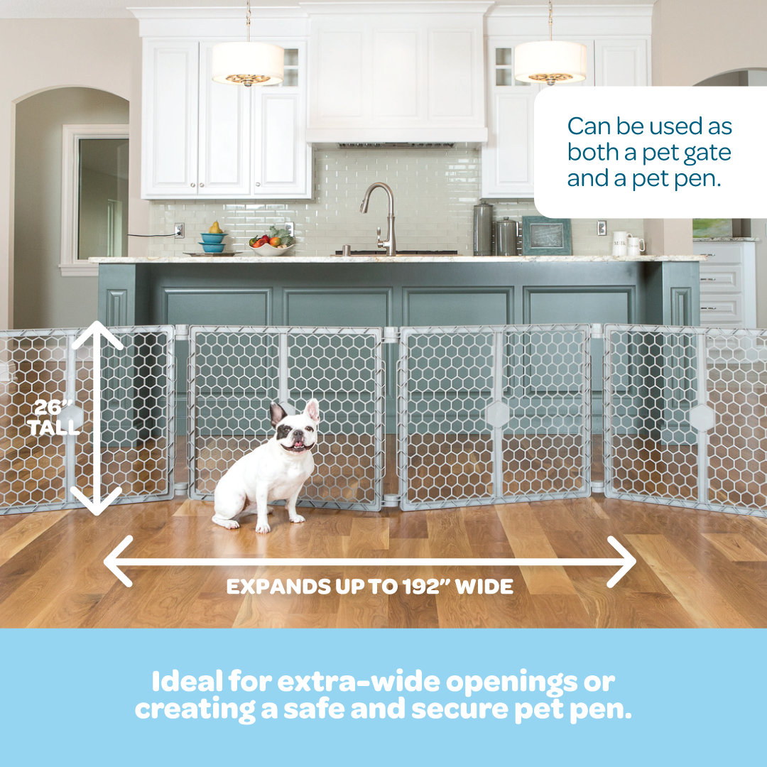 The Carlson 2-in-1 Plastic Gate & Pet Pen features six 32” panels, standing 26” tall, designed for flexible use as a pet gate or playpen. Made from durable gray plastic, it expands up to 192” wide, includes a wall-mounting system, and can be easily folded for compact storage and portability.