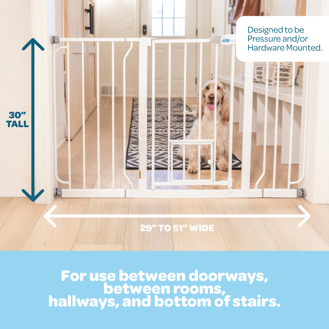 The Carlson 51" Extra Wide Walk-Thru Pet Gate in clean white features a durable all-steel frame, a patented small pet door for easy access, and a convenient lift-style handle. It includes 6" and 12" extensions for wider openings and offers simple pressure-mount installation with optional hardware mounting. Ideal for pets and homes.