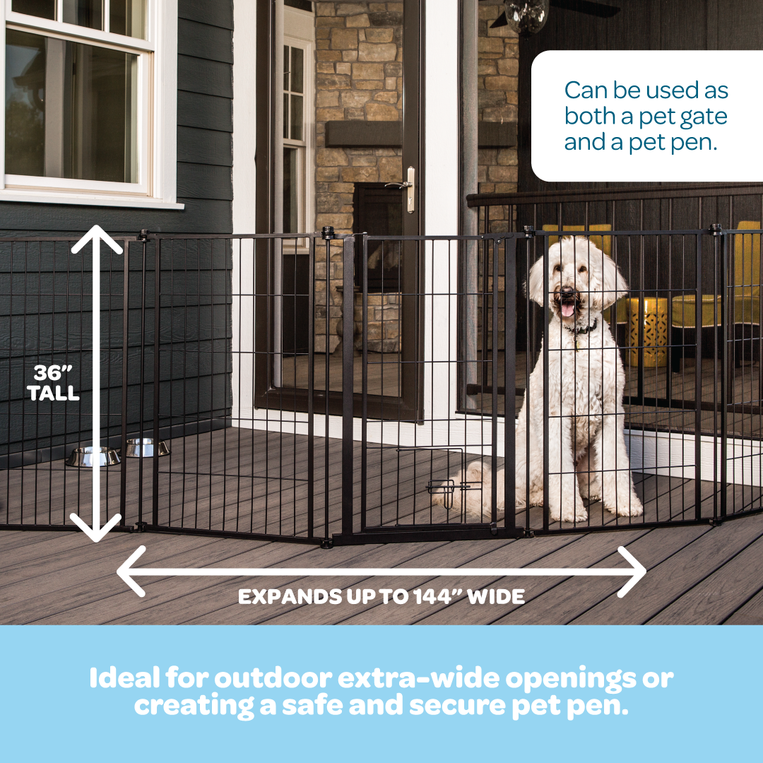 The Carlson Outdoor Super Wide Pet Pen & Gate with Small Pet Door is a versatile, extra tall 32” gate made from durable black steel. It expands up to 144” wide and includes a walk-through door with a safety lock. Ideal for both small and large pets, it’s perfect for securing outdoor spaces and ensuring safety.