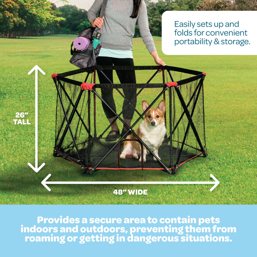The Carlson Red Portable Pet Pen is a lightweight, foldable pet containment solution, featuring a sturdy all-metal frame and reinforced mesh walls. Measuring 48” x 26”, it includes a zippered pet door, is water-resistant for indoor and outdoor use, and sets up and folds down in seconds for convenience.