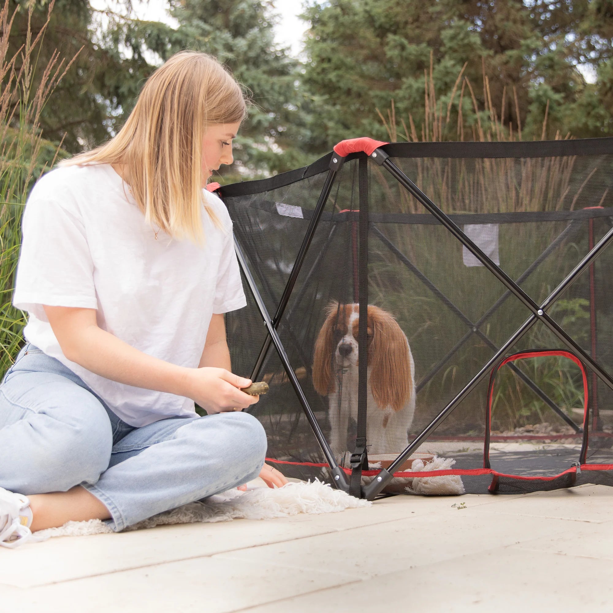 Woman holding treat next to Portable Pet Pen while dog looks at treat.