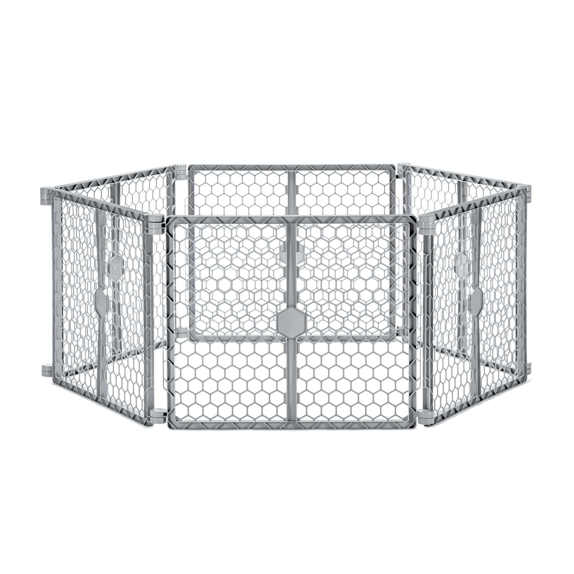 The Carlson 2-in-1 Plastic Gate & Pet Pen features six 32” panels, standing 26” tall, designed for flexible use as a pet gate or playpen. Made from durable gray plastic, it expands up to 192” wide, includes a wall-mounting system, and can be easily folded for compact storage and portability.