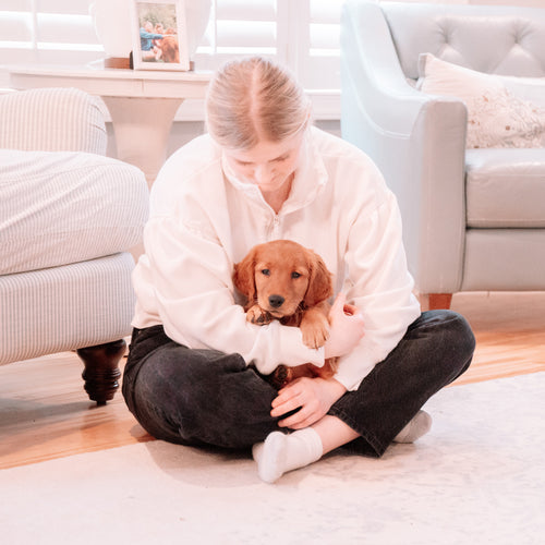 girl with blonde hair holding a small golden retriever