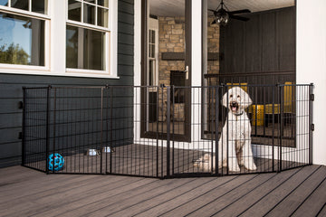 The Carlson Outdoor Super Wide Pet Pen & Gate with Small Pet Door is a versatile, extra tall 32” gate made from durable black steel. It expands up to 144” wide and includes a walk-through door with a safety lock. Ideal for both small and large pets, it’s perfect for securing outdoor spaces and ensuring safety.