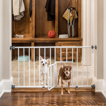 Small dogs in mud room using the Carlson Mini Pet Gate.