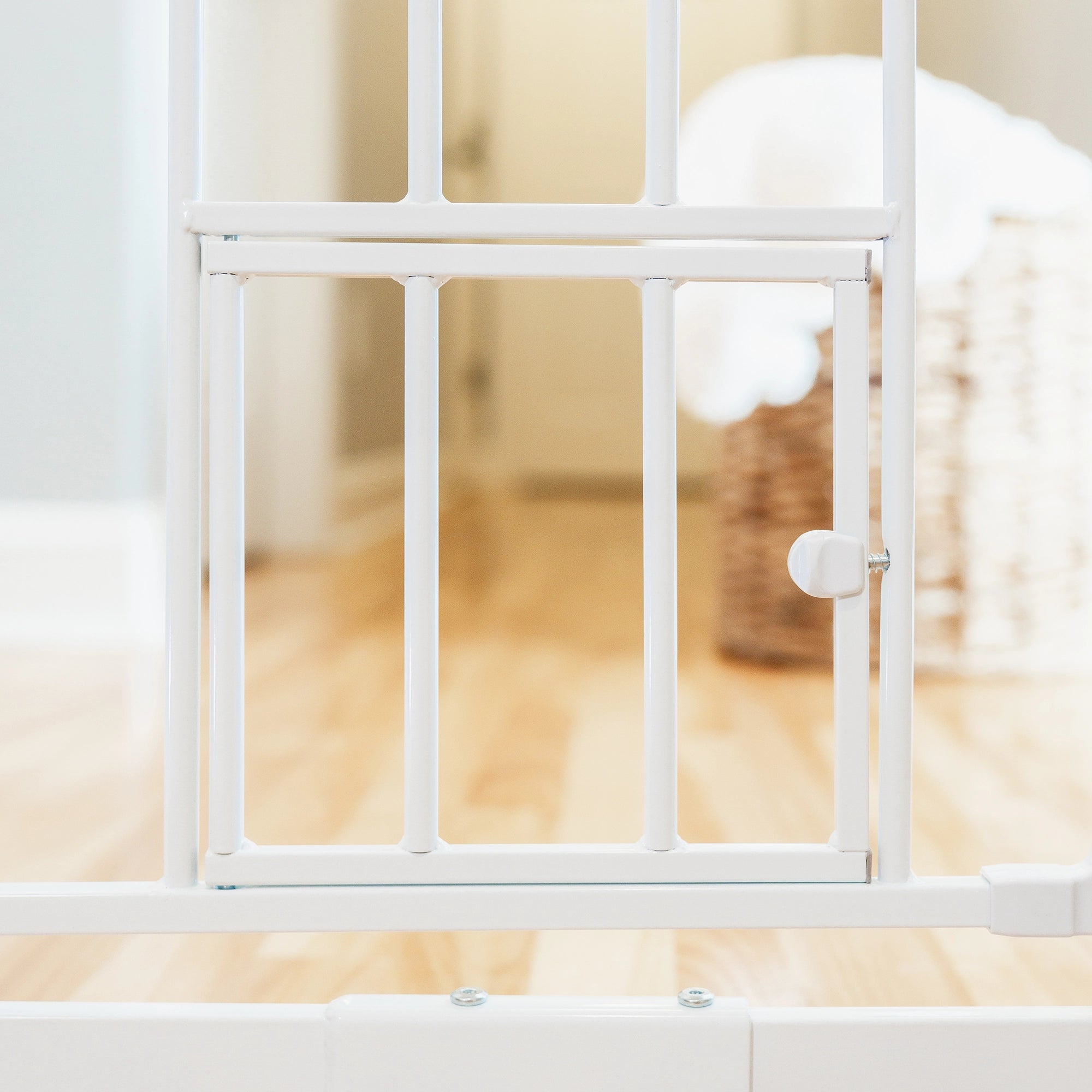 Carlson Extra Wide Walk-Thru Pet Gate with Small Pet Door in white, featuring a durable steel frame, easy walk-through door, and pressure-mount system for simple installation and secure pet containment.