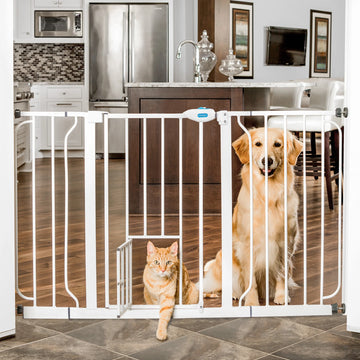 Dog sitting kitchen behind 51" Extra Wide Walk-Thru Pet Gate and cat walking through Small Pet Door.