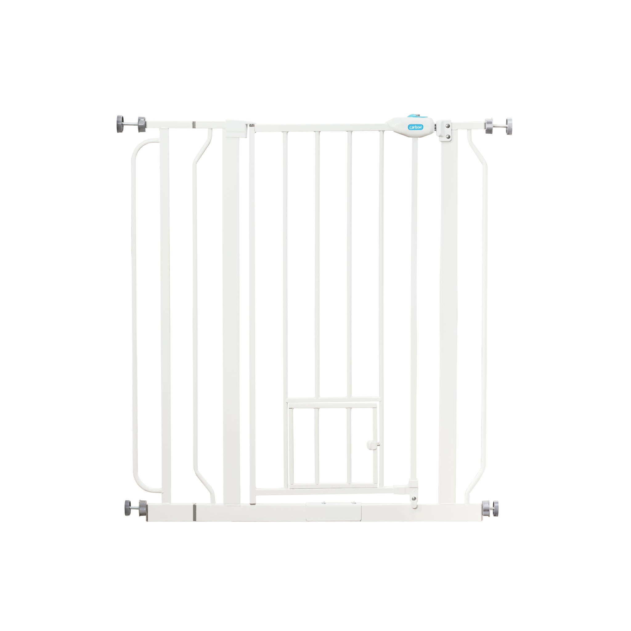 The Carlson 36” Extra Tall Walk-Thru Pet Gate with Small Pet Door in white, made of durable steel, is designed to keep pets safely contained. It features a 36” height, expandable width (29” to 36.5”), easy walk-through door, and a small pet door for small animals to pass through while keeping larger pets confined.