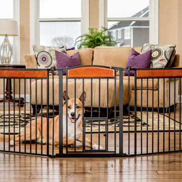 Dog sitting behind the Design Paw Flexi Walk-Thru Pet Gate in a living room.