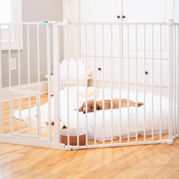 Dog laying in living room on soft bed while in the 2-in-1 Super Wide Pet Pen & Gate.