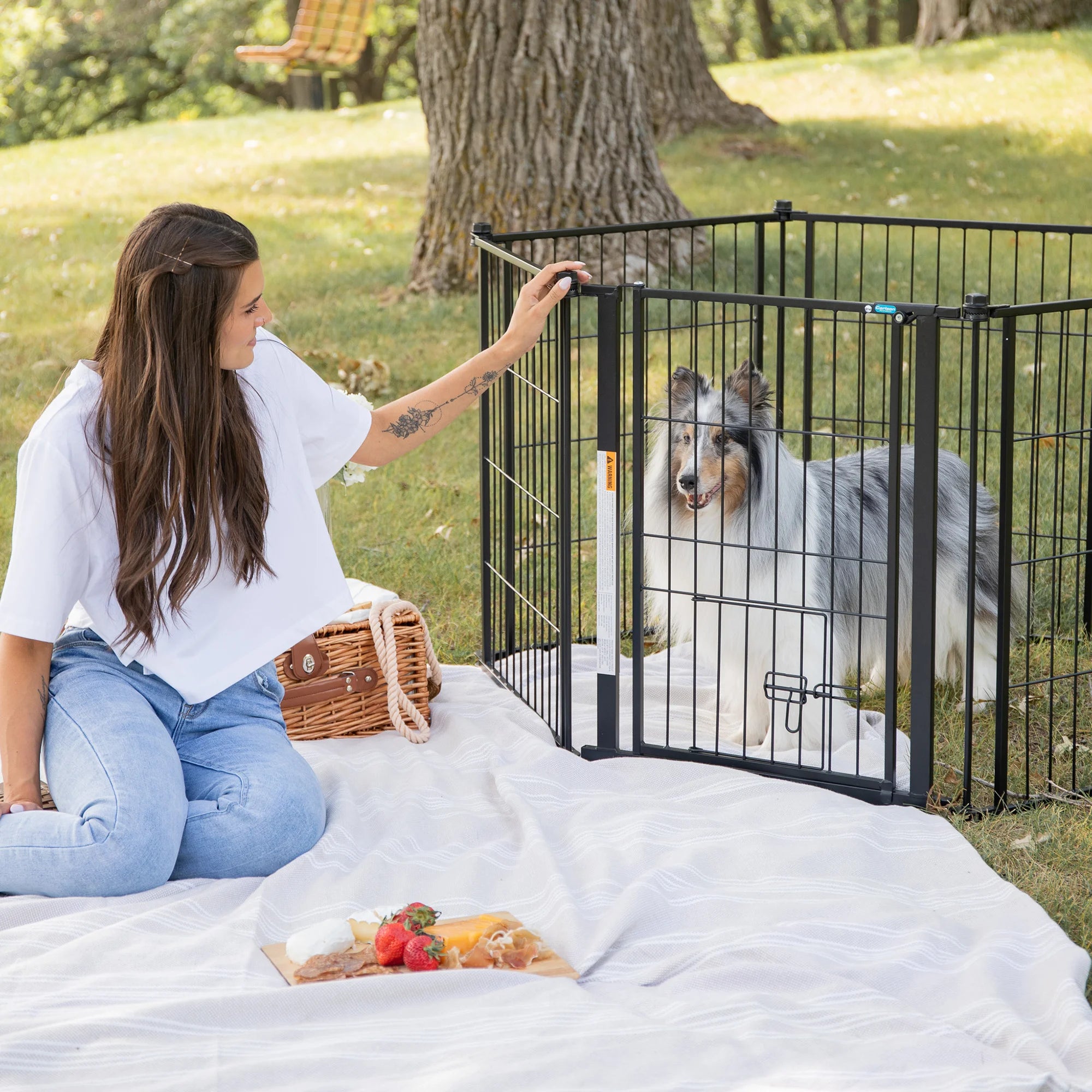 Woman at the park in front of a tree looking at a dog in the Outdoor Super Wide Pet Pen and Gate.