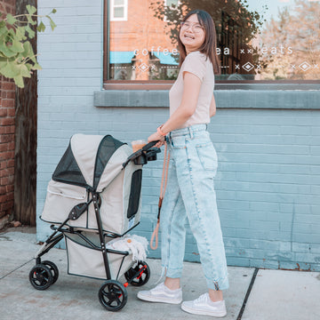 The Carlson Portable Pup Pet Stroller is a lightweight, foldable stroller with a mesh canopy, safety leash, and 360-degree wheels for easy outdoor walks.