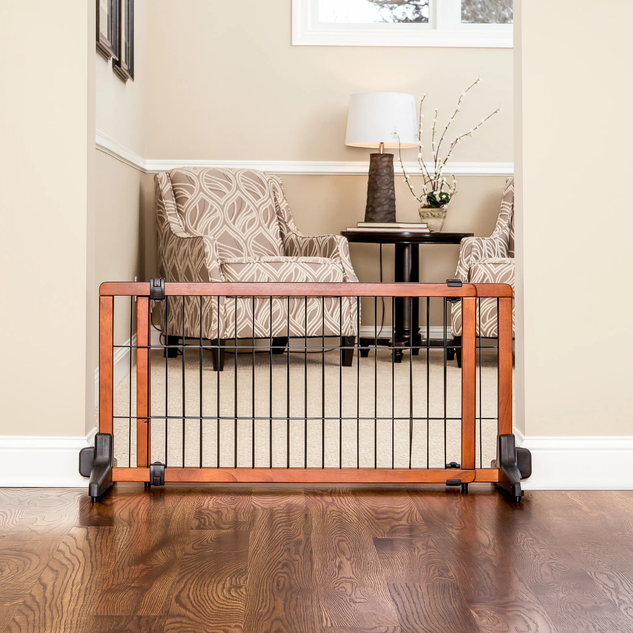 Design Paw Extra Wide Freestanding Pet Gate set up in living room.