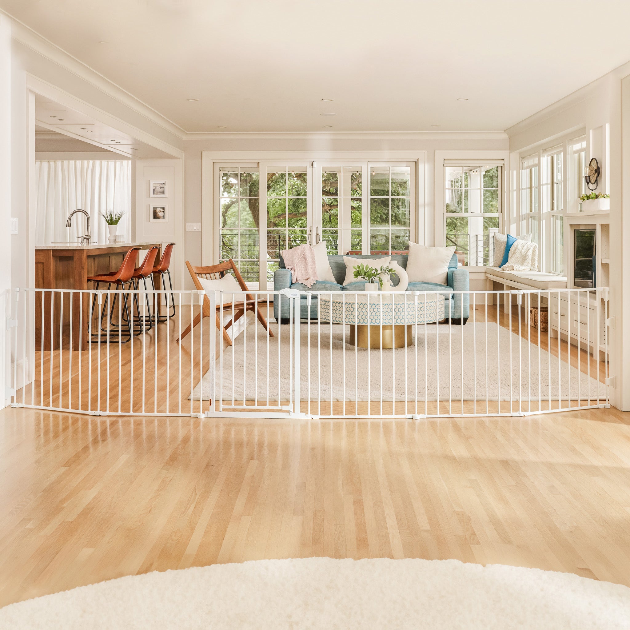 Living room with a pet gate in front of a dining area
