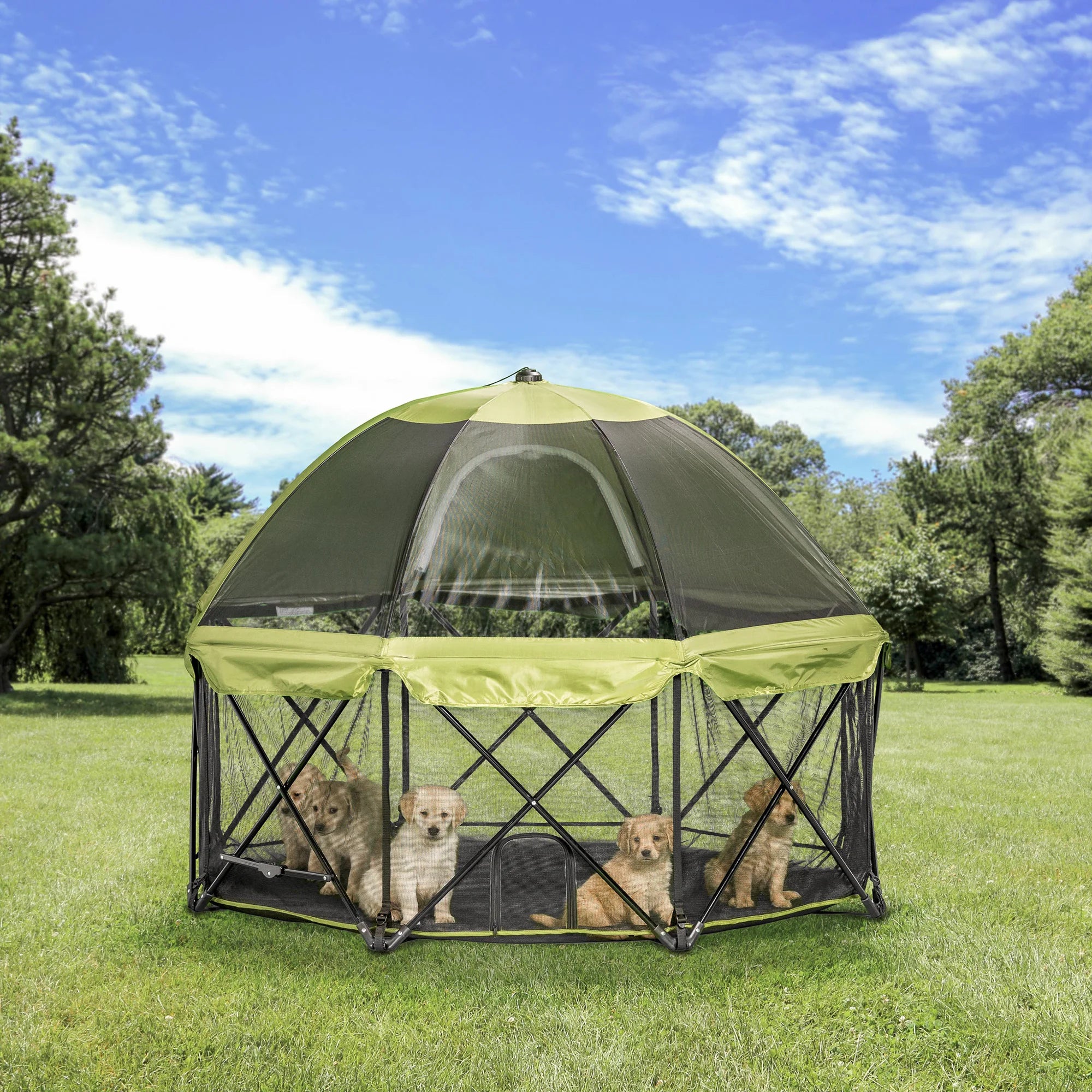 Five puppies resting in the Portable Pet Pen with Canopy while hanging out on a green space at the park.