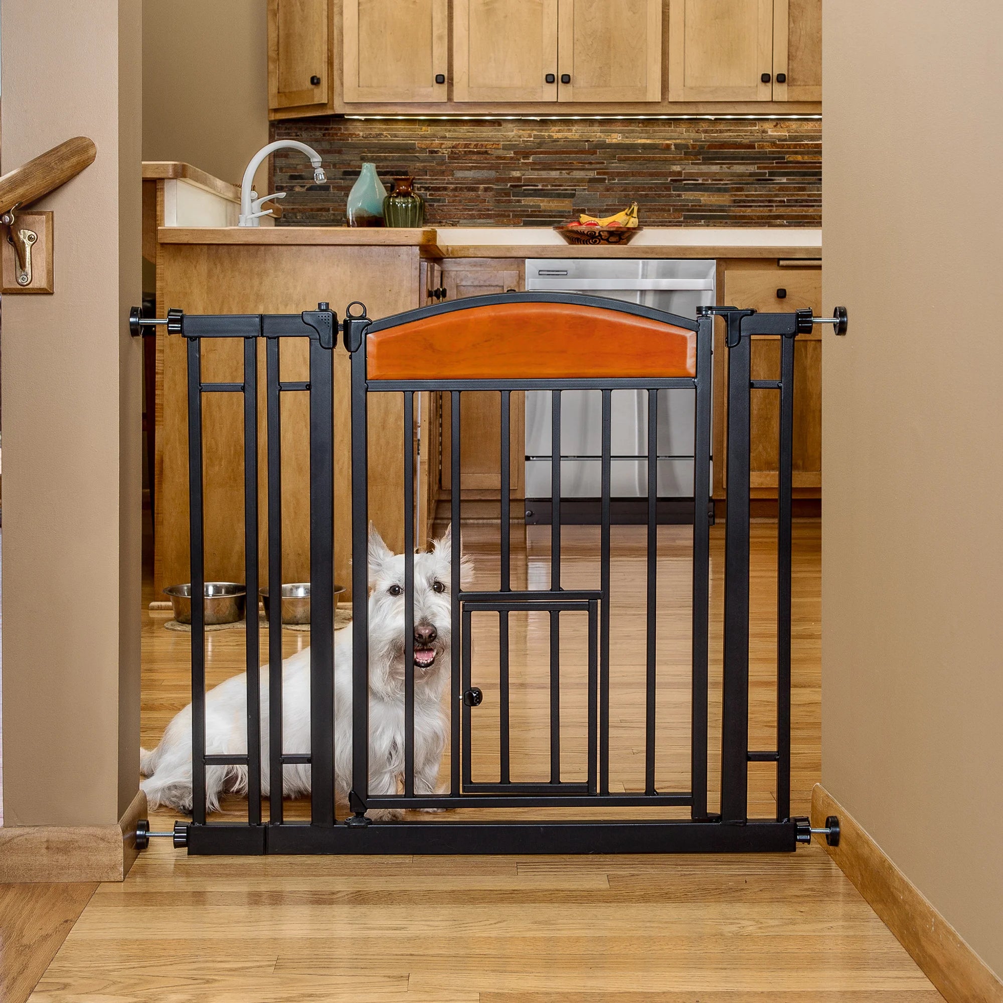 Dog sitting in kitchen behind 37.5" Design Paw Easy Close Walk-Thru Pet Gate.