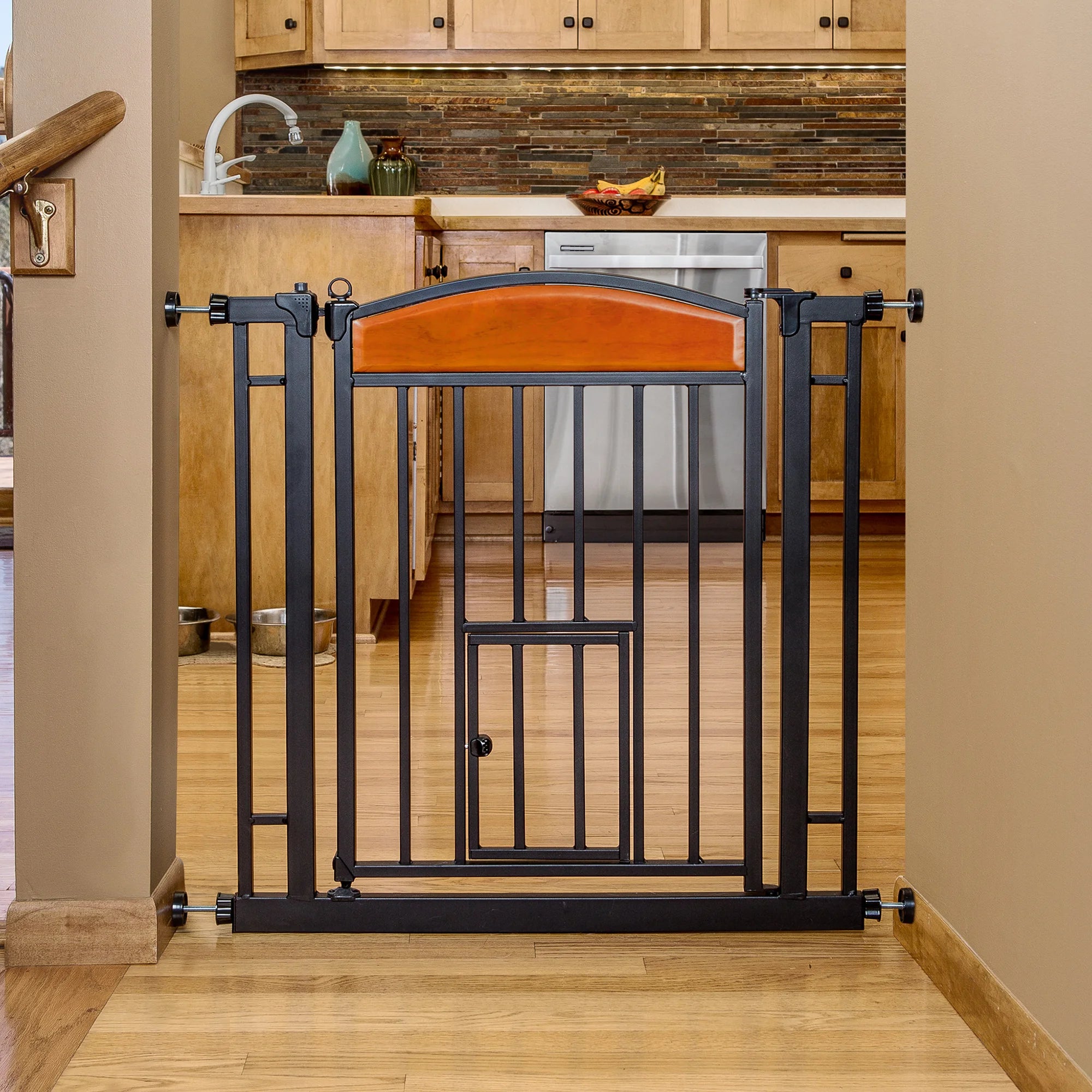 32" Design Paw Easy Close Walk-Thru Pet Gate in kitchen.