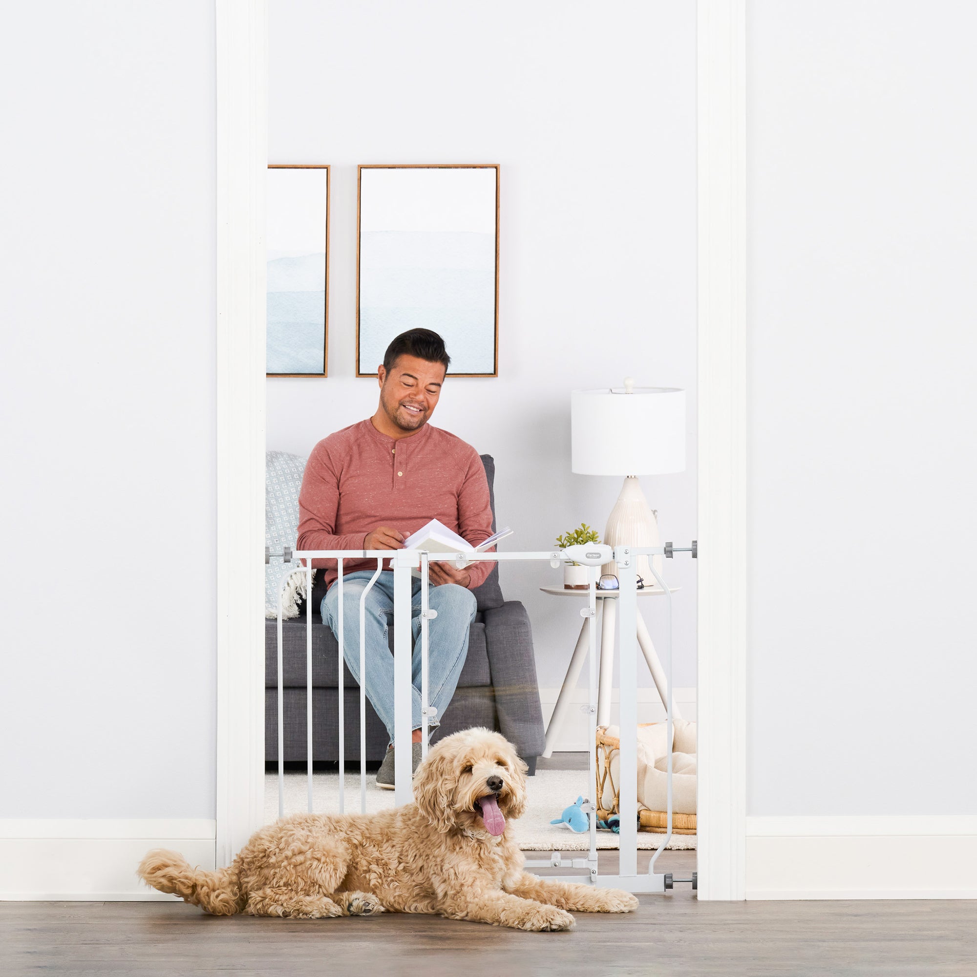 Man sitting on a couch while reading with dog sitting in front of Direct View™ Pet Gate in living room.