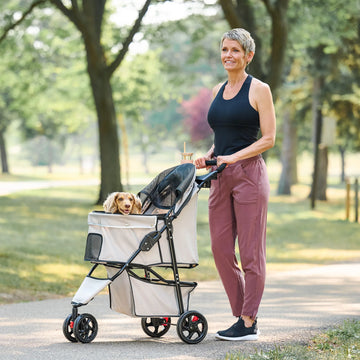 Woman walking brown dog in Carlson Portable Pup Pet Stroller in a park.