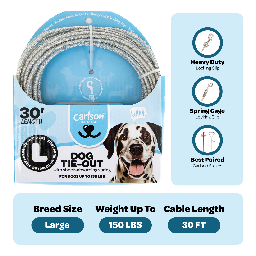 The Carlson Large Dog Tie-Out Cable is a 30-foot, steel wire cable designed for dogs up to 150 pounds, offering a safe outdoor containment solution. Ideal for homes without a fenced yard or for travel, it includes secure collar/harness and spring cage clasps for added safety. Paired with Carlson stakes for easy installation.