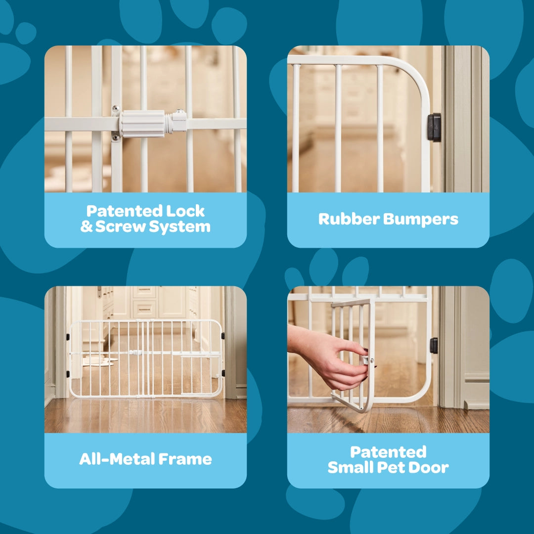 Pet gate with features highlighted on a blue background