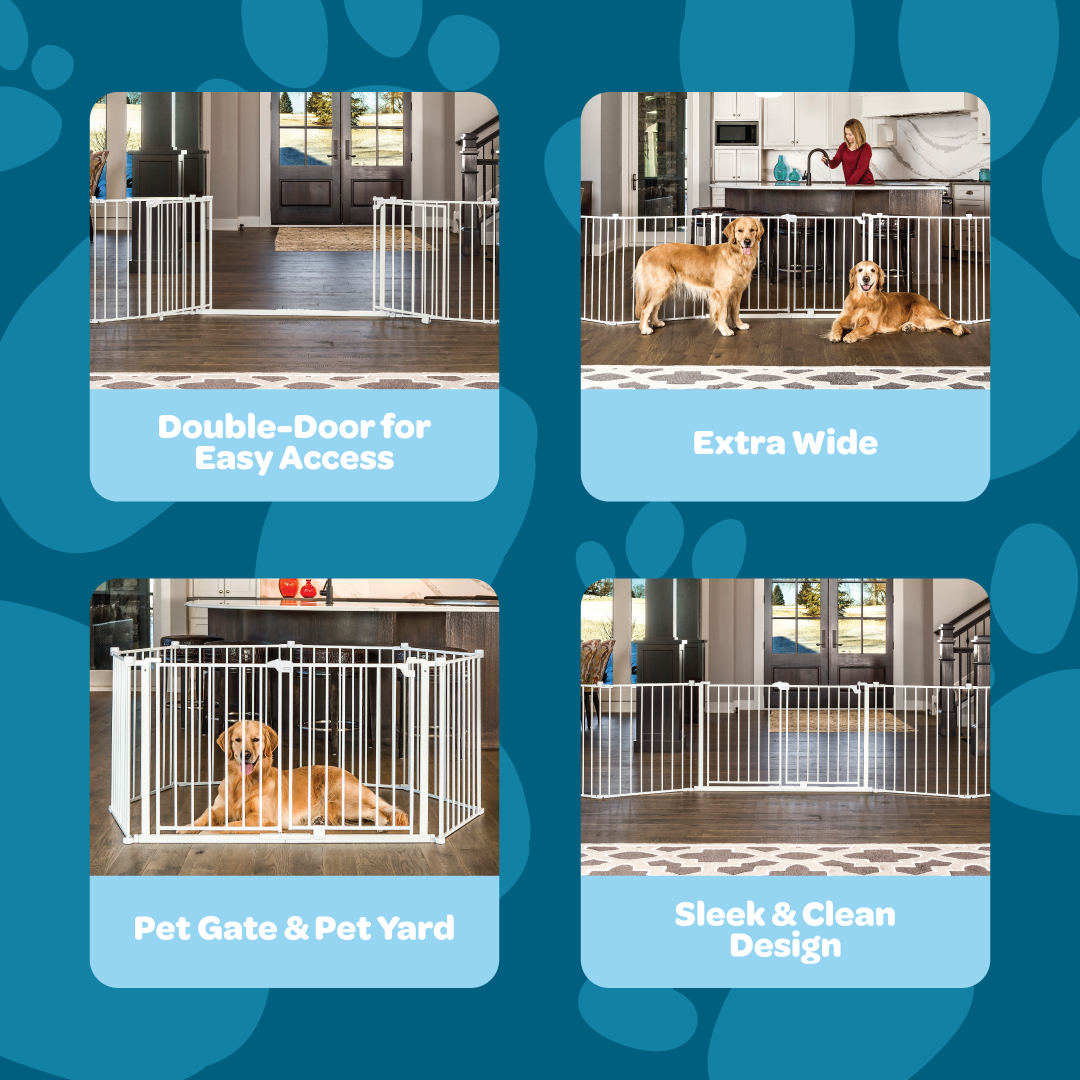 Pet gate with features highlighted on a blue background