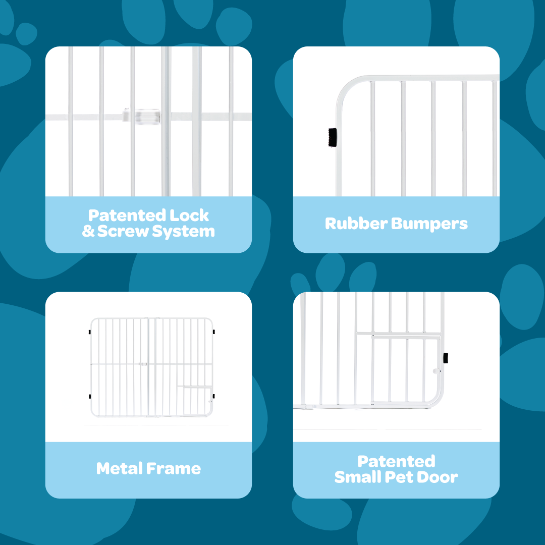 The Carlson Big Tuffy® Expandable Pet Gate in white is a sturdy, 32" tall steel gate designed to fit openings from 22" to 38". It features a pressure-mount system for quick, tool-free installation, rubber bumpers to protect walls, and a patented small pet door for easy access, making it perfect for small to large pets.