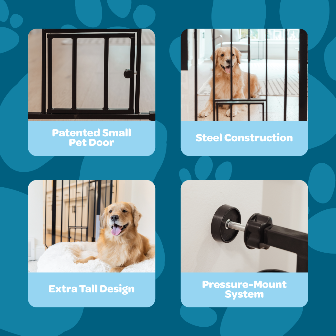Black Carlson 36” Extra Tall Walk-Thru Pet Gate with small pet door is a durable, chew-proof solution for securing your home. Made from 100% steel, it's perfect for larger or active dogs. The gate features a 16.5” wide walk-through door and includes a 4” extension for wider openings.