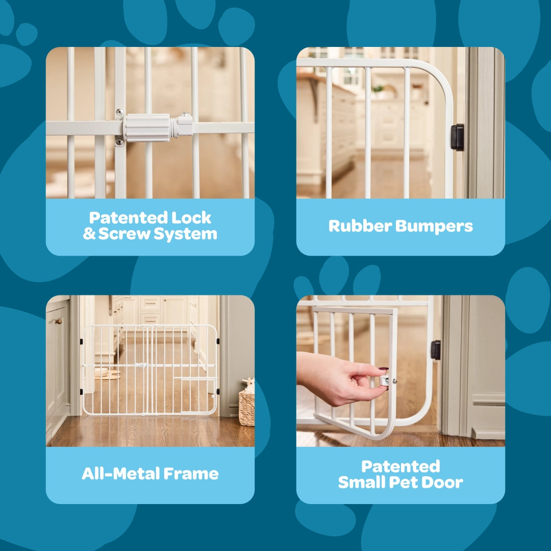Pet gate with features highlighted on a blue background