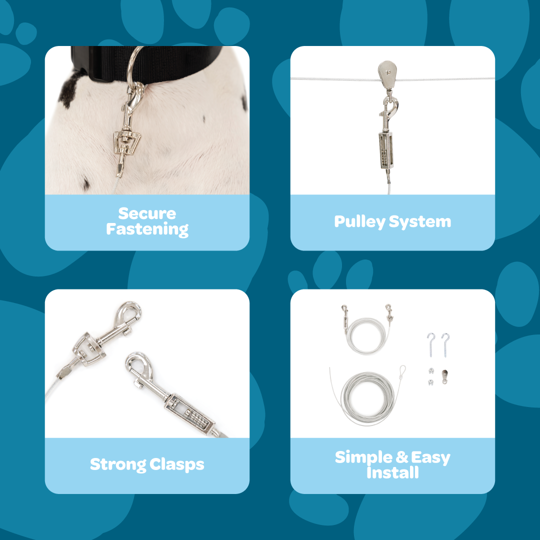 The Carlson Extra-Large Trolly Cable & Dog Tie-Out, featuring a durable steel wire 50-foot run cable, 10-foot tie-out cable, and metal screw hooks, designed to securely contain pets up to 200 pounds. Ideal for outdoor use, easy to install with a pulley system for freedom of movement.