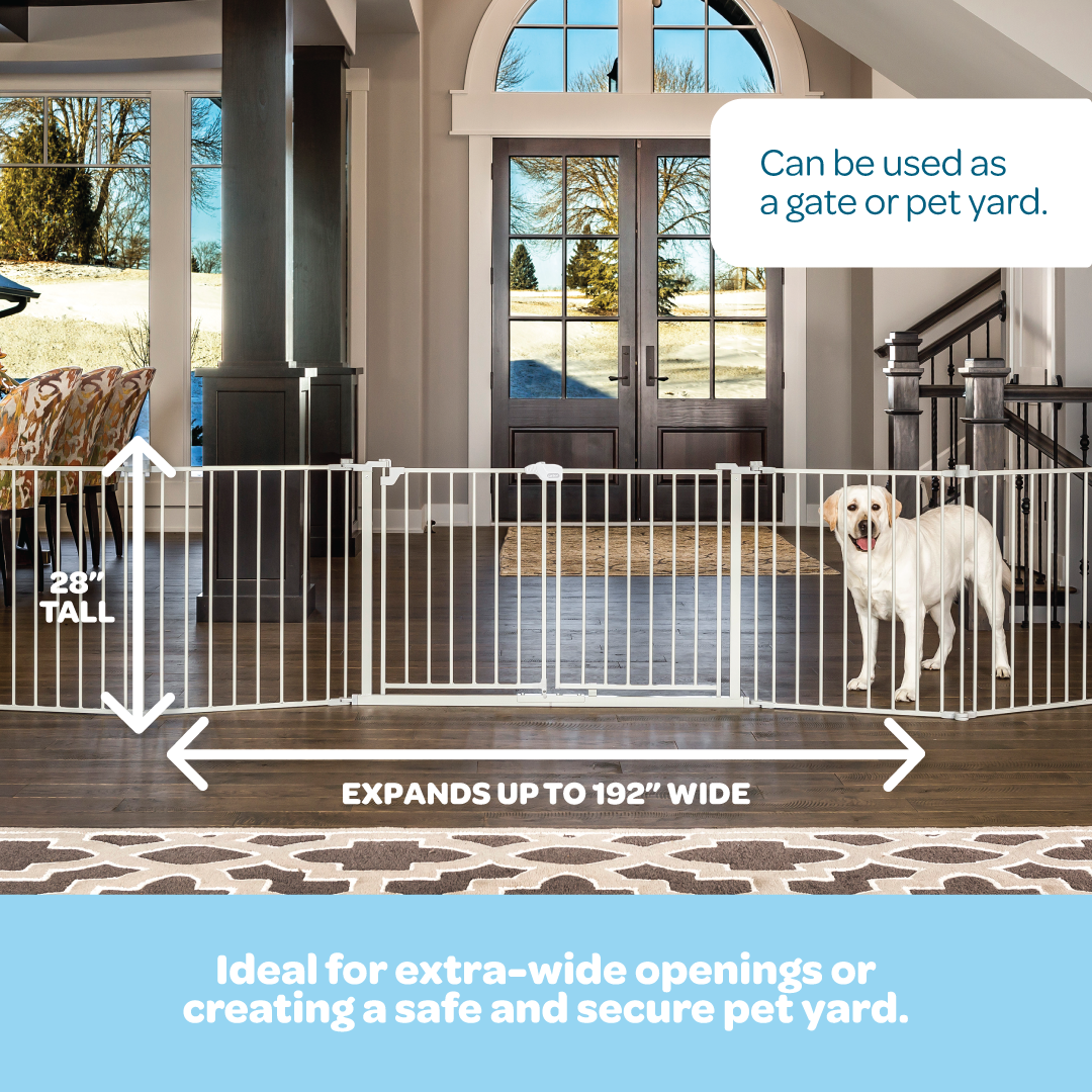 White pet gate with dimensions and usage instructions in a home setting.