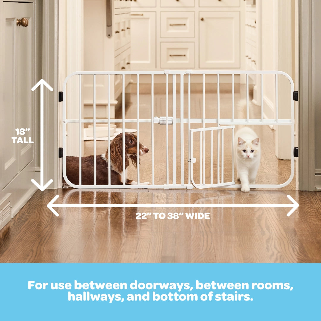 Pet gate with dimensions and usage instructions in a home setting