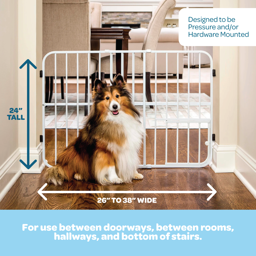 Carlson Tuffy® Expandable Pet Gate in white, durable steel frame, pressure-mounted, adjustable 26"-38", with small pet door for easy access.