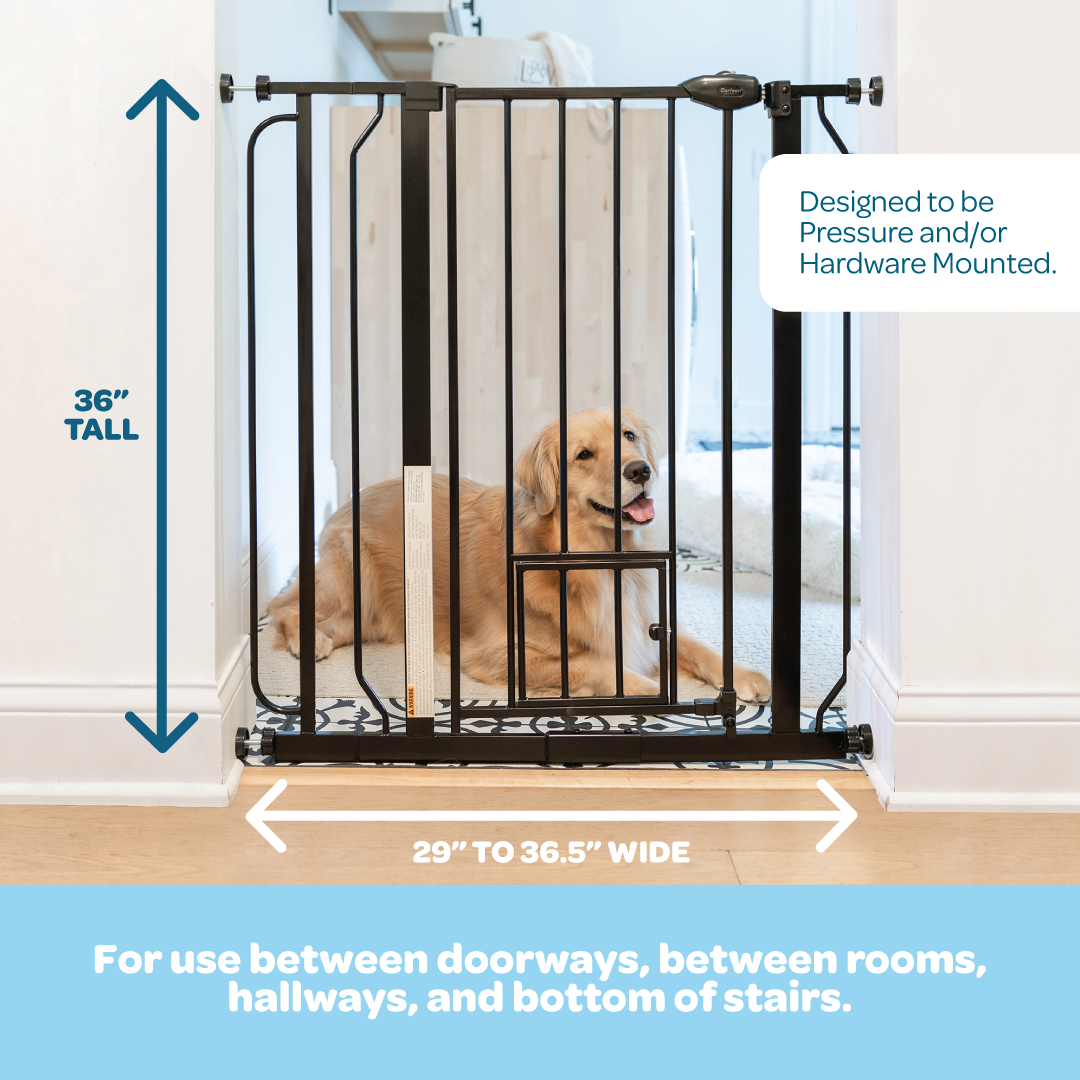 Black Carlson 36” Extra Tall Walk-Thru Pet Gate with small pet door is a durable, chew-proof solution for securing your home. Made from 100% steel, it's perfect for larger or active dogs. The gate features a 16.5” wide walk-through door and includes a 4” extension for wider openings.