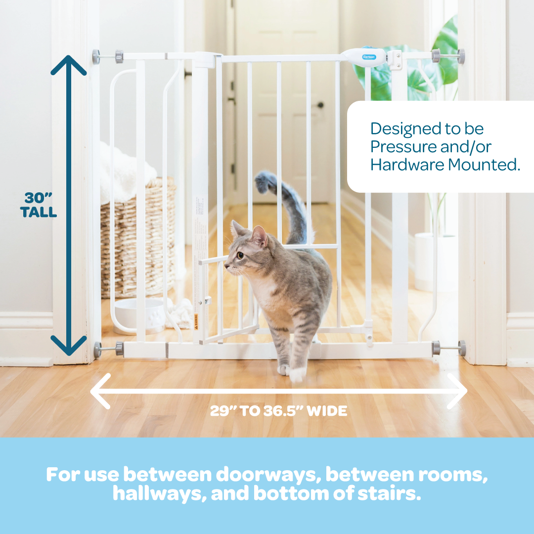 Carlson Extra Wide Walk-Thru Pet Gate with Small Pet Door in white, featuring a durable steel frame, easy walk-through door, and pressure-mount system for simple installation and secure pet containment.