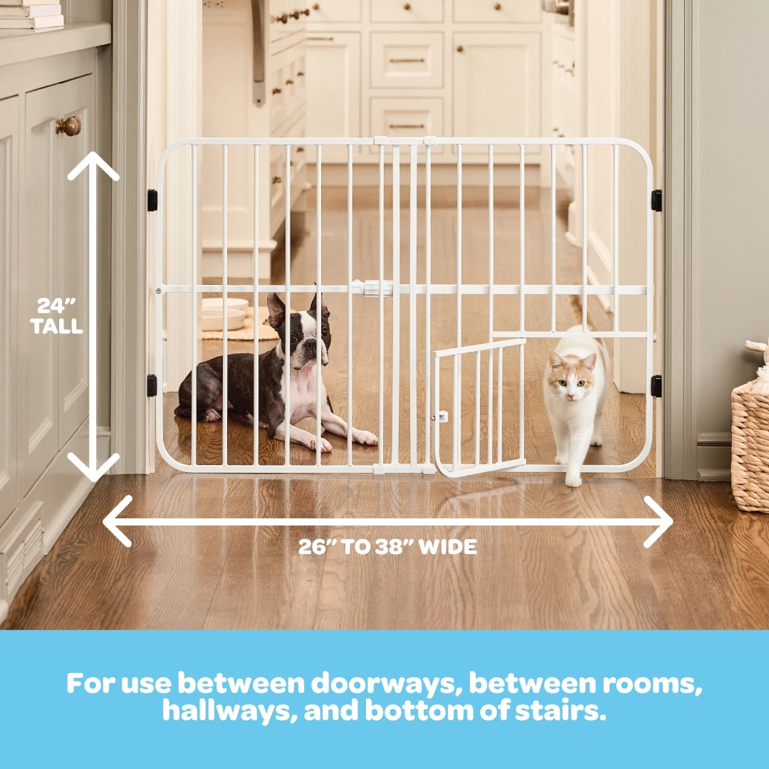 White pet gate with dimensions and usage instructions in a home setting.