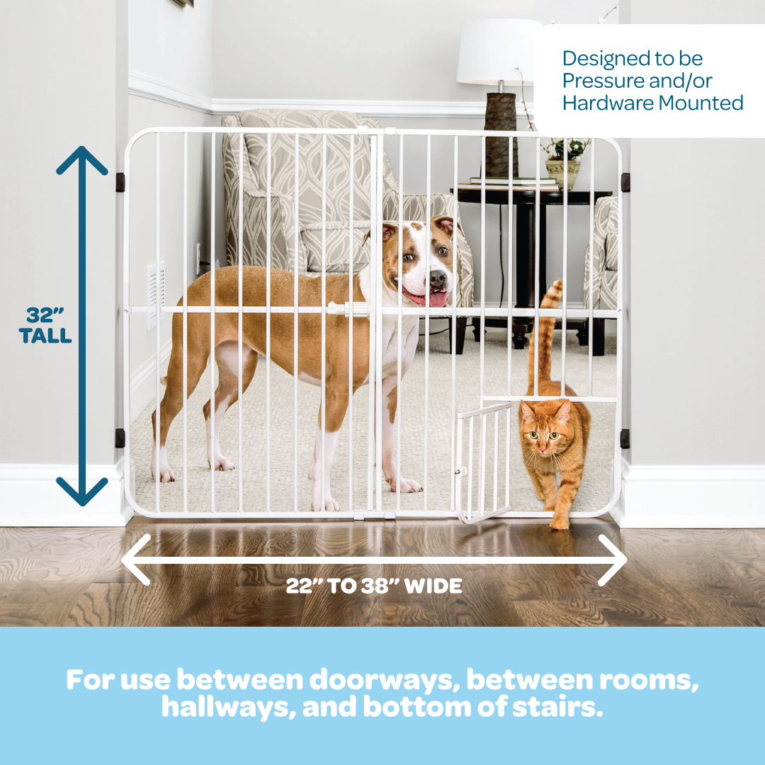 The Carlson Big Tuffy® Expandable Pet Gate in white is a sturdy, 32" tall steel gate designed to fit openings from 22" to 38". It features a pressure-mount system for quick, tool-free installation, rubber bumpers to protect walls, and a patented small pet door for easy access, making it perfect for small to large pets.